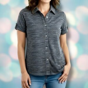 Elie McCarthy Women’s Gray Stretchy Button Down Short Sleeve Blouse Top Size M